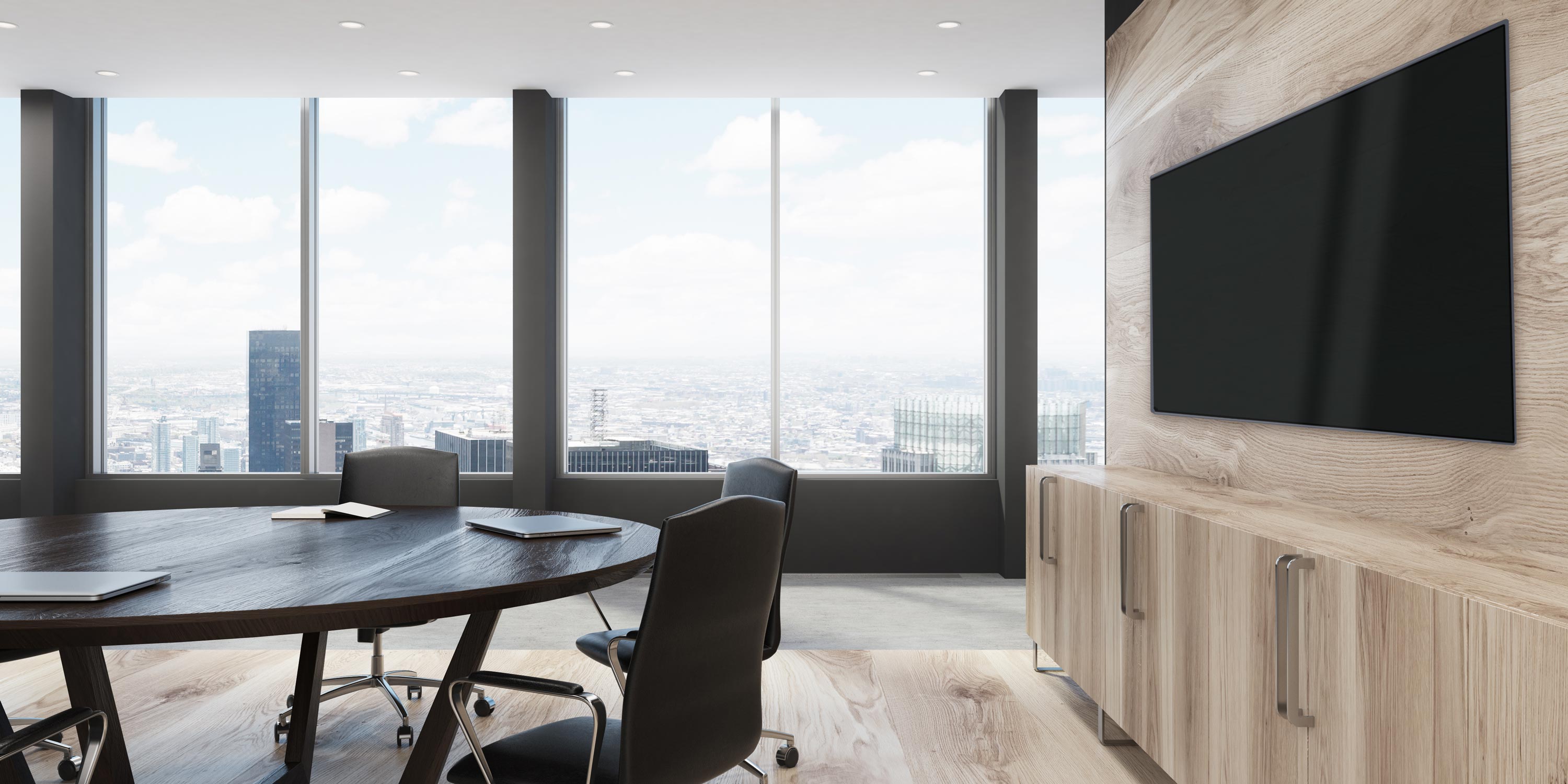 Stock photo of a corporate conference room on a top floor of a building