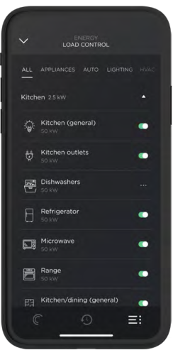 Smartphone displaying load control settings for household appliances